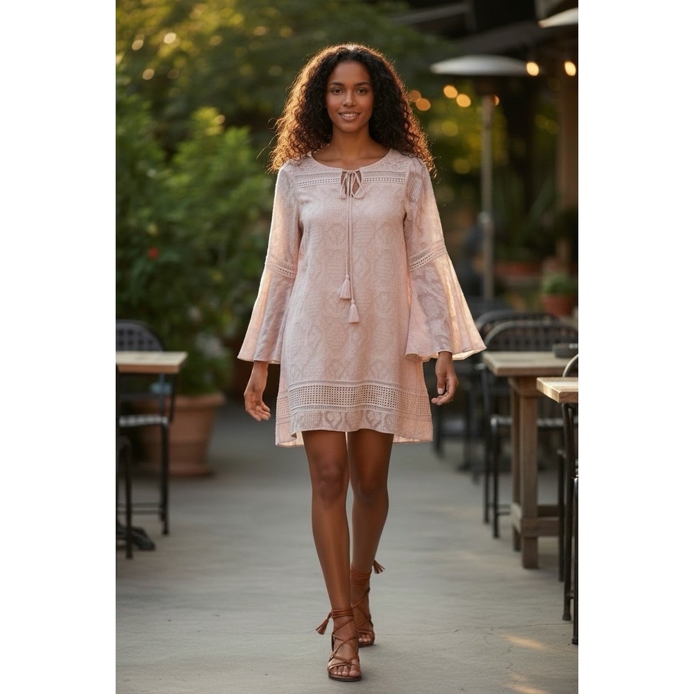 Anthropologie Floreat Esme Shift Mini Dress Size‎ 0 Pink Long Bell Sleeve